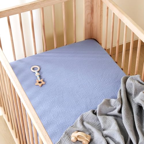Image of TILLYOU Muslin Mini Crib Sheets 2 Pack, Pack and Play Mattress Sheets Fitted for Pack N Play, 38 x 26 Sheet for Toddler, Grey and Blue
