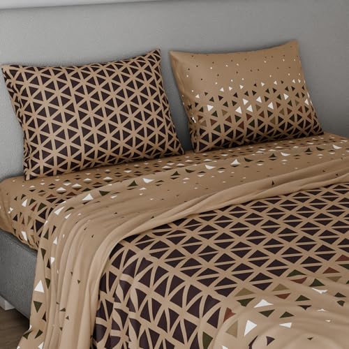 Image of BLISSHOME SoftTouch 150TC Cotton King Size Printed Bedsheet with 2 Pillow Covers for Double Bed, Silky Smooth Bedding Set, Breathable, Easy Maintain, Geometric Pattern - Mocha Brown (228cm X 274cm)
