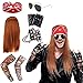 BIQIQI Rockstar 70er 80er Jahre Schwermetall Disco Perücke punker Kostüm Zubehör Poliert Kreuz Anhänger Halskette Lang Lockig Hut Sonnenbrille Schwarz Rocker Kostüm Perücke Rocker Verkleidung Zubehör