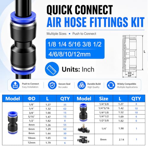 Image of mxuteuk 340PCS Quick Connect Air Hose Fittings,4 /6 /8 /10 /12mm&1 /8 1 /4 5 /16 3 /8 1 /2 inch Plastic Straight Push to Connect Fittings,Quick Release Pneumatic Air Line Fittings