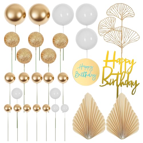 NIPUAEGO 29 Pcs Cake Decoration, Easy to Use Birthday Cake Topper Set, Reusable Party Supplies, Rich Packaging for Wedding Party Decorations, with Palm Leaves (White Gold)