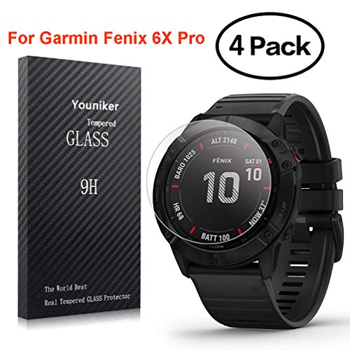 Youniker 4 Unidades Protector de Pantalla para Garmin Fenix 6X Cristal Vidrio Templado para Garmin Fenix 6X Pro Solar Smartwatch Cristal Templado 9H Dureza Sin Burbujas