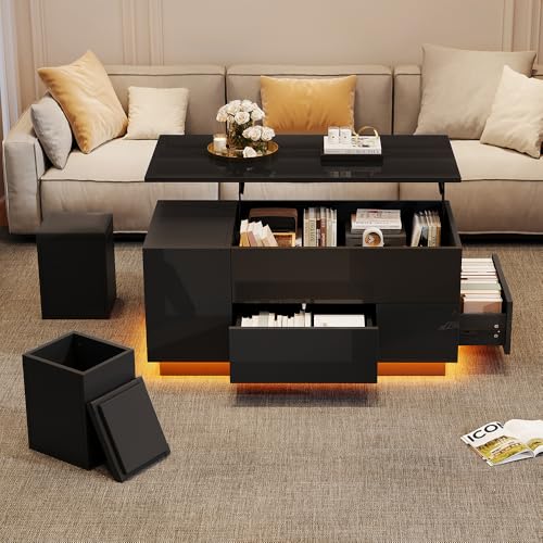 Table basse 100*50*45 cm, table basse réglable en hauteur avec éclairage LED, comprenant deux tiroirs et deux tabourets. Table basse au fini brillant avec espace de rangement dissimulé (Black)