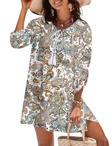 Image of Zeagoo Womens Boho Dresses Casual Beach Summer Dress Tassel Tie Neck 3 /4 Long Sleeve Mini Sundress 2026 Floral Print Cover Up