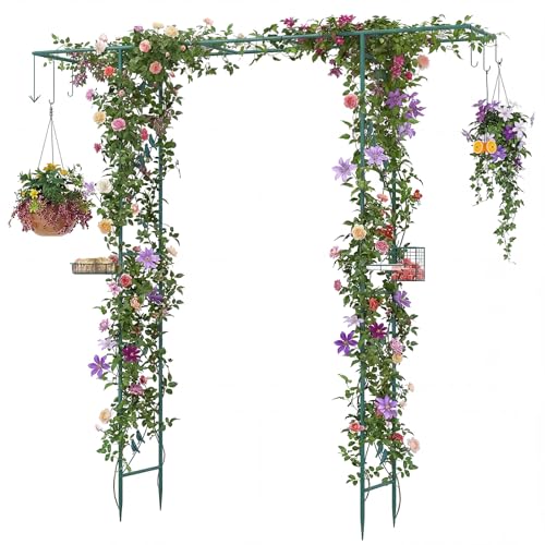 COSTWAY Rosenbogen mit Vogelfutterstation, Gartenbogen Metall, 213 cm, Torbogen mit Wasserschale, Tablett & Hängeset, Metallbogen für Wilder Vögel & Kletterpflanzen, Rosengitter Garten (Grün)