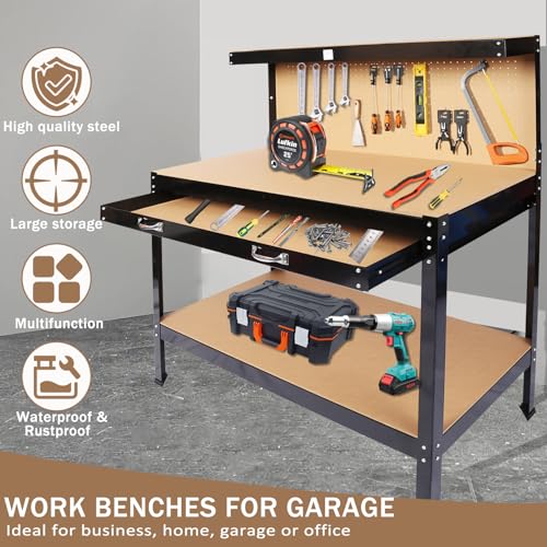 SPOWAY 63\'\' Garage Workbench, 300 Lbs Load Capacity Heavy Duty Work Bench, Workbench with Pegboard Drawer Backplate Metal Frame Wood Top Workbench for Workshop Office Home Garage - Thumbnail 3