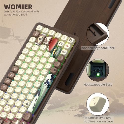 Image of Womier 75% Wireless Creamy Keyboard with Wood Shell, QMK /VIA WD75 V2 | Retro Mechanical Gaming Keyboard 8000mAh Battery,Tri-Mode Custom Keyboard RGB Hot Swappable,MOA Japanese Keycap-Linear Switch