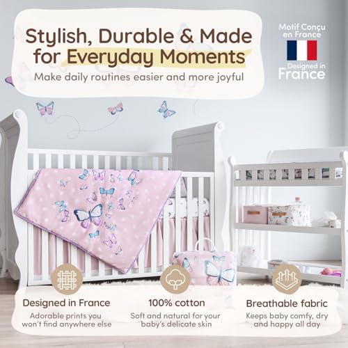 Image of Butterfly Baby Crib Bedding Set Girl 28 inchx52 inch, 8 inch Deep Pocket - 5 pcs Baby Bedding Set with Blanket, 2 Crib Sets for Girls Cotton Fitted Sheets, Skirt, and Butterfly Wall Sticker - White & Pink