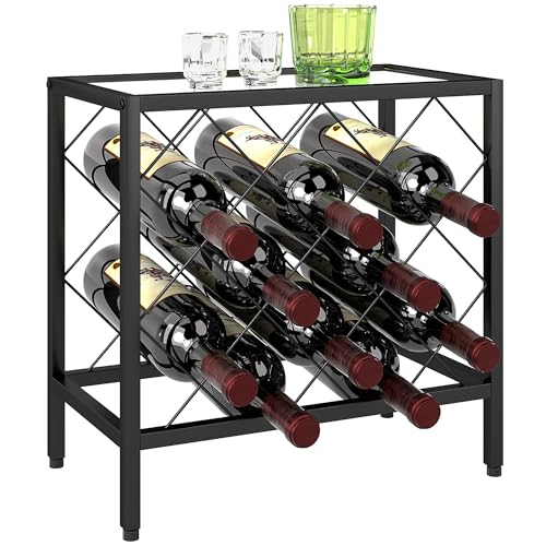 HOMCOM Portabottiglie Vino per 10 Bottiglie Totali con Piano d'Appoggio in Vetro Temperato, Cantinetta Portabottiglie in Acciaio, per Cucina, Dispensa, Cantina e Bar, 41x22x41 cm, Nero