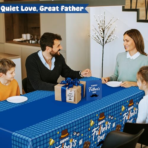 Image of QZYL 3Pcs Fathers Day Decorations, 108 inch X 54 inch Happy Father's Day Tablecloth, Disposable Blue Plastic Tablecloth, Rectangle Tie Hat Man Beard Father's Tablecloth for Dad Party Home Dinner Decor