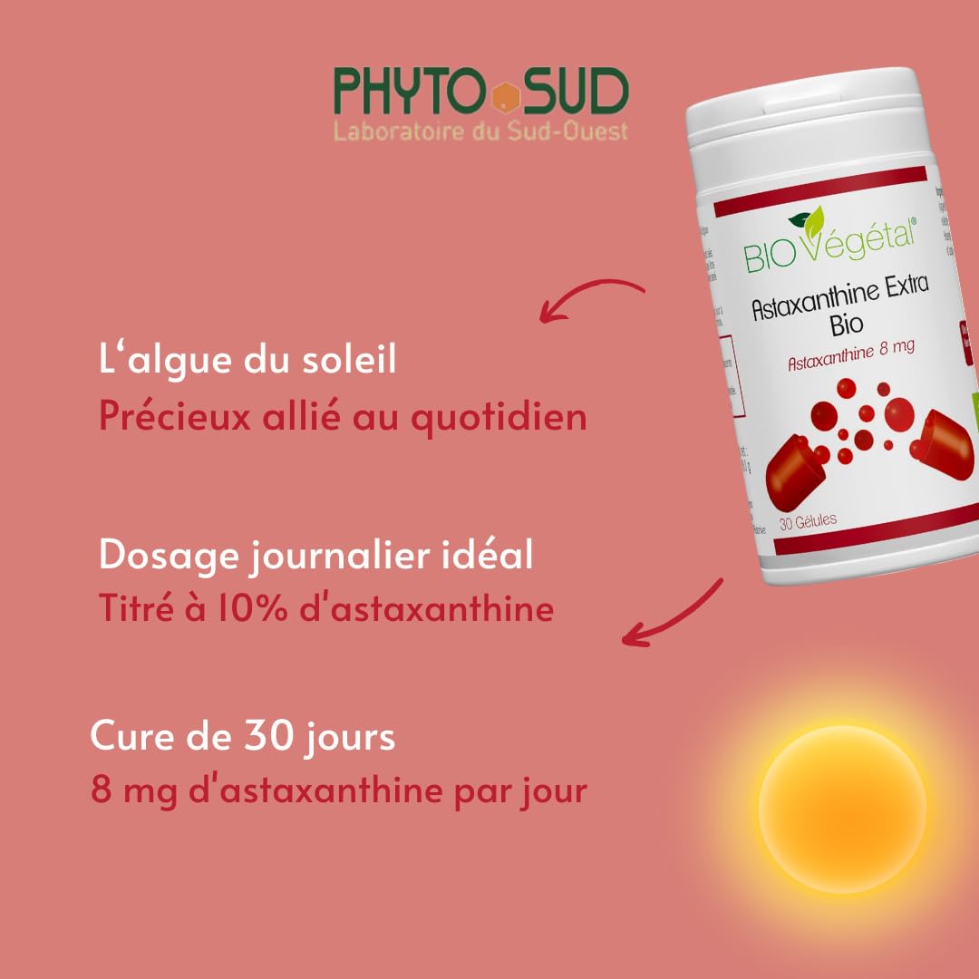 Astaxanthine Extra Bio - Extrait de Haematococcus Bio Pluvialis titré à 80mg dont 8mg Astaxanthine - Antioxydant 100% Naturel - 30 gélules - Cure de 1 Mois