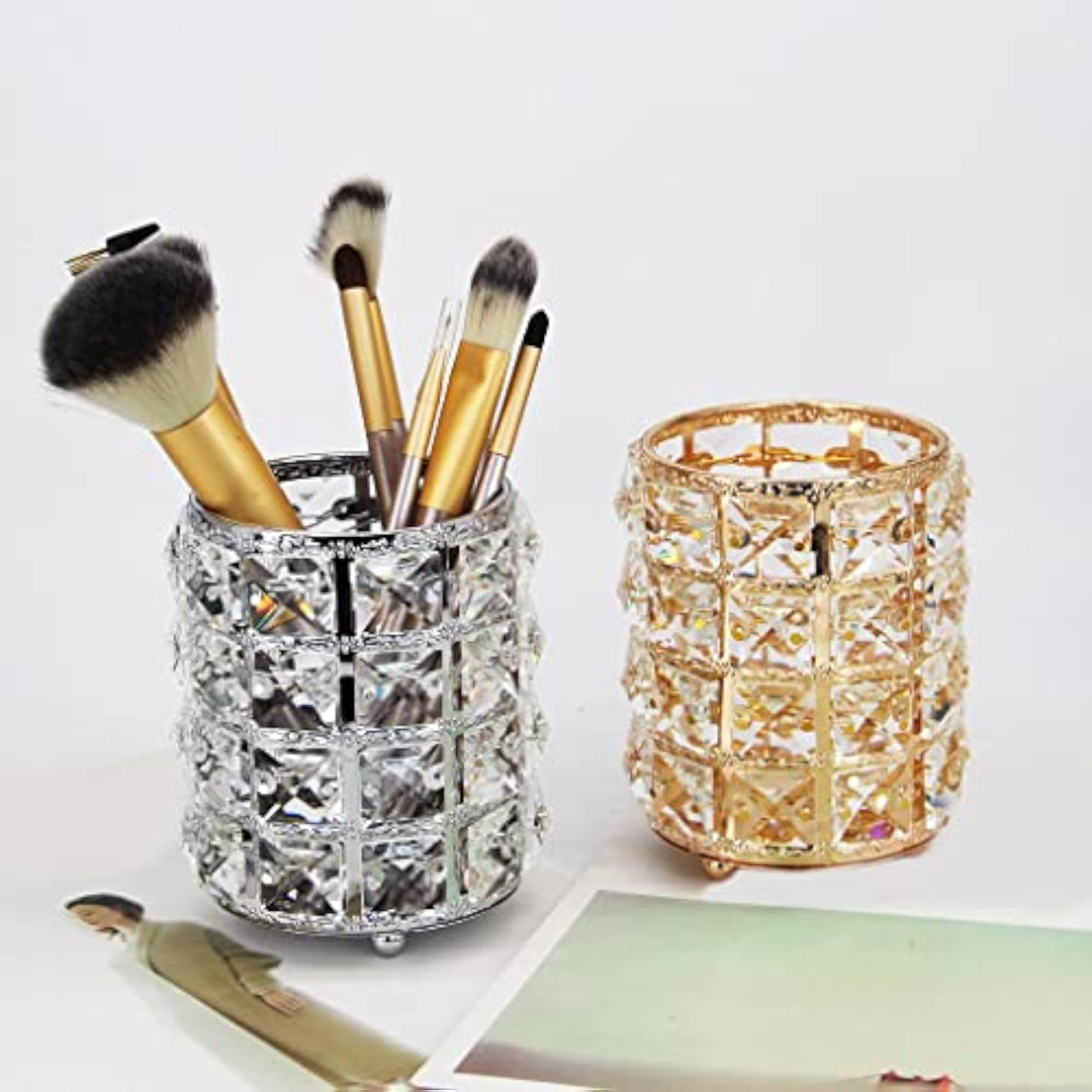 Women's Crystal Makeup Storage Brush Holder, Silver