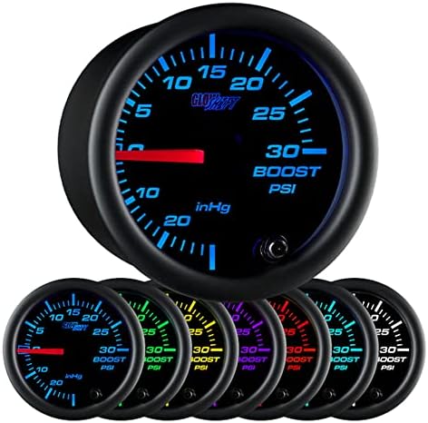 GlowShift Black 7 Color 30 PSI Turbo Boost / Vacuum Gauge Kit - Includes Mechanical Hose & T-Fitting - Black Dial - Clear Lens - for Car & Truck - 2-1/16" 52mm