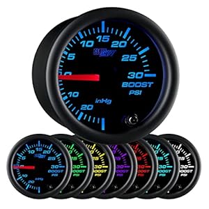 GlowShift Black 7 Color 30 PSI Turbo Boost/Vacuum Gauge Kit – Includes Mechanical Hose, T-Fitting & Wiring – Multi-Color Display – Black Dial – Clear Lens – for Car & Truck – 2-1/16″ 52mm