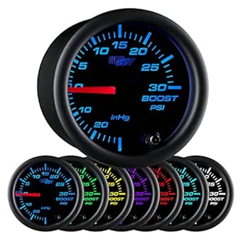 GlowShift Black 7 Color 30 PSI Turbo Boost Vac Gauge Kit, 2-1/16" (52mm)