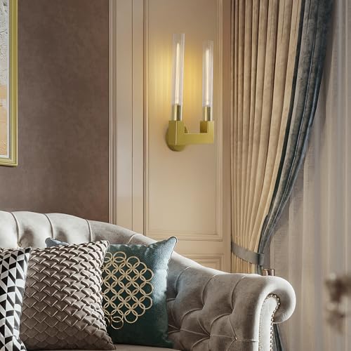 Modern Brass Wall Sconce,19 Inch Gold Double Bathroom Wall Sconces with Clear Glass Tube,Indoor 2-Light Vanity Mirror Wall Lights,for Bathroom,Living Room,Bedroom,Hallway,Entryway,Fireplace,Staircase