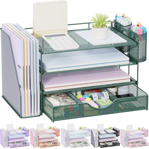 Image of gianotter 4-Tier Desk Organizer with Drawers, File Holders, Letter Trays and Pen Holders - Workspace Accessories for Office Supplies (Green)