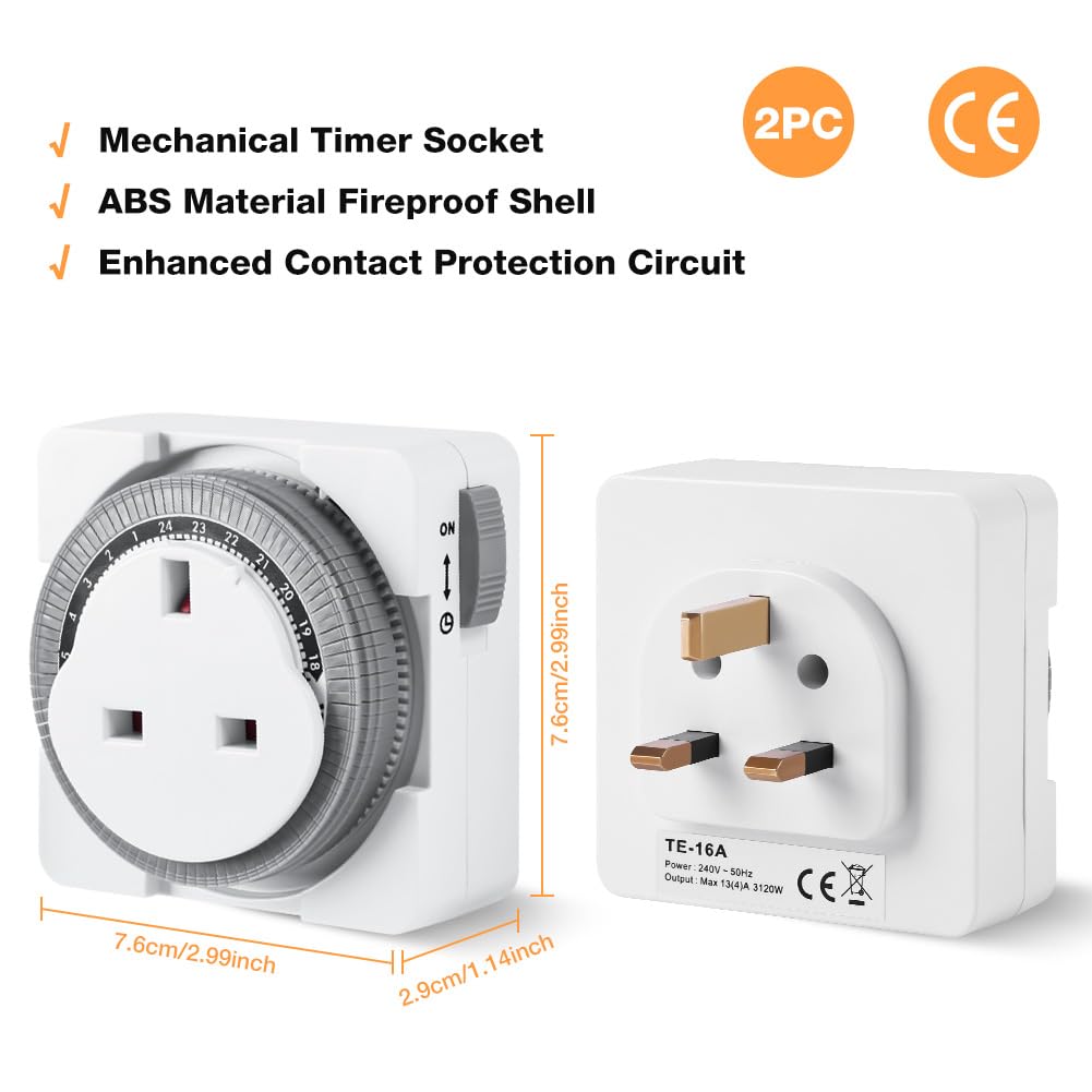 Adiwo Mechanical Timer Socket, 2 Pack 24 Hour Programmable Timer Switch, Enhanced Contact Protection Circuit for UK Plug-in - Image 2