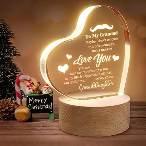 Grandad Gifts, Personalised Grandad Birthday Gifts from Granddaughter, Unique Birthday Gifts for Grandad, Engraved Heart Shaped Night Light Fathers Day Christmas Bday Presents for Grandad Cover