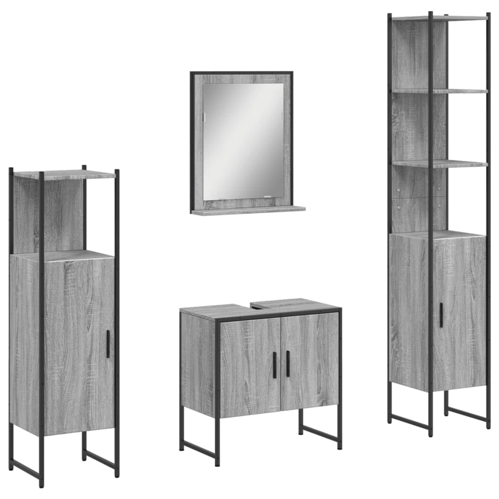 Fengshui Juego de muebles de baño de 4 piezas de color gris de madera y acero con recubrimiento en polvo con mucho espacio de almacenamiento, incluye espejo con estante para utensilios de baño como