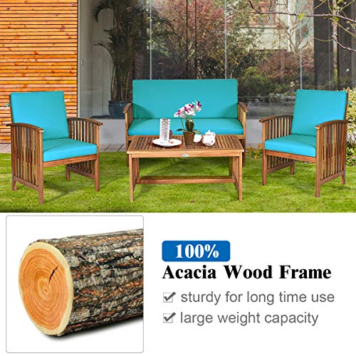 Tangkula Outdoor 4 Pcs Acacia Wood Sofa Set W/Water Resistant Cushions, Padded Patio Seating Chat Set W/Coffee Table For Garden, Backyard, Poolside (1, Turquoise) #TOP5
