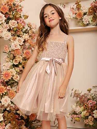 WDIRARA Girl's Sequin Dress Sleeveless Belted Mesh A Line Elegant Party Cami Dress3