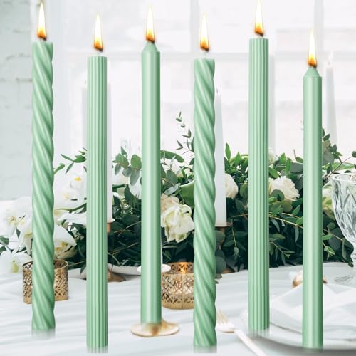 Threlaco 6 Pcs Spiral Taper Candles 10 Inches Unscented Dinner Tapered Candlesticks Green Candles Twisted Ribbed Tall Wax for Holiday Wedding Party Dinner Table Home Decoration