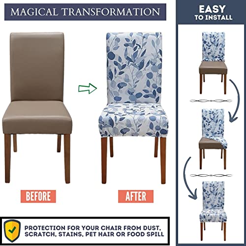 SPRINGRICO Chair Covers for Dining Room 6 Pack, Stretch Dining Chair Cover, Washable Spandex Kitchen Parsons Chair Slipcovers, Removable Seat Protector for Home or Party (Set of 6, Leaves Bay)