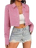 Avanova Women Plaid Button Down Shirt Crop Top Long Sleeve Blouses Top Plaid Red Small