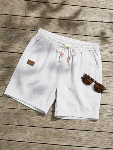 Image of JMIERR Mens 5 inch /7 inch Cotton Linen Lightweight Drawstring Casual Beach Shorts | Regular Fit, Elastic Waist, Beaded, Deep Side Pockets, Leather Patch, Breathable, Summer Vacation Essentials, Cruise Travel