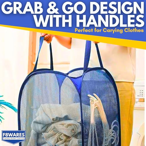 Image of F8WARES 2PK 75 Litres Nylon Mesh Foldable Laundry Basket for Clothes - Odourless Breathable Laundry Bag for Clothes with Carry Handles - Kids Toy Baskets For Storage & Dirty Cloth Basket Hamper Blue