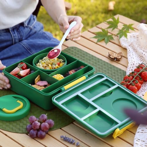 Image of House of Quirk 'NomNom' 1800ml Building Block Bento Lunch Box with 300ml Bowl, Microwave Safe, 3 Compartments, Spoon, Fork & Knife for School, Office & Picnic (Green)