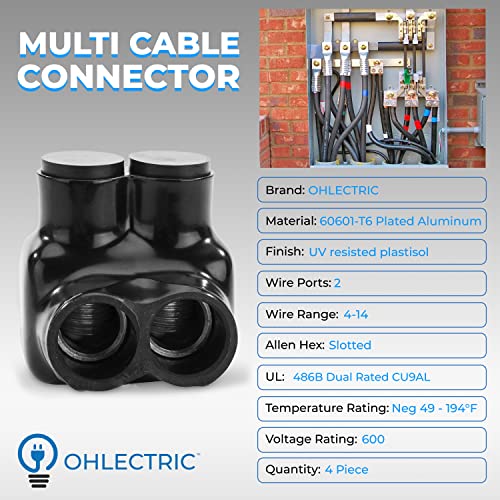 Ohlectric Black Insulated Connector - Dual Entry, 2 Port, 4-14 Awg, Slotted Allen Hex - Pre-Filled With Oxide Inhibitor For Easy Use - Rubber Vinyl Coating, 6061-T6 Aluminum Cu9Al - (4 Pack) Ol-76671 #TOP1