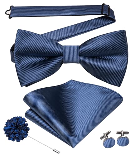 Image of Hi-Tie Bow Ties for Men Pre-Tied Pocket Square with Cufflinks Mens Bowtie Sets for Wedding Formal Party