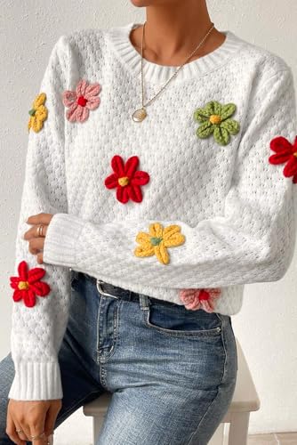 Women's White Colorful Flower Applique Textured Knit Sweater2
