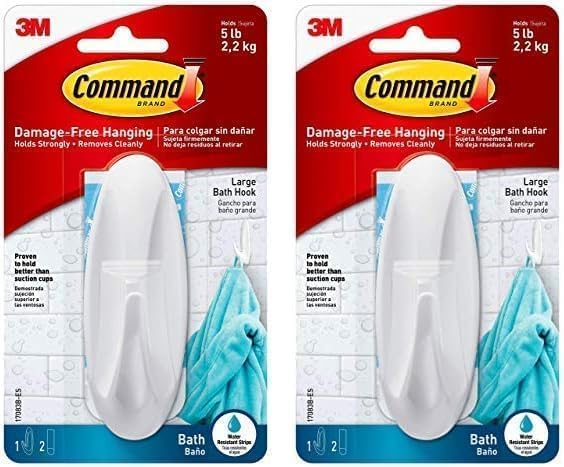 Command17083B Large Hook with Water Resistant Strips (Pack of 4, 1 Hook and 2 Large Adhesive Strips Each), White