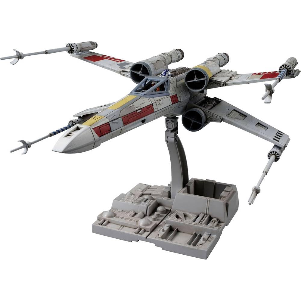 Revell (Bandai Original) 01200 Star Wars X-Wing Starfighter (Luke Skywalker) 1:72 Scale Unbuilt/Pre-Coloured/Clip-Together (Non-Glue) Plastic Model Kit with Display Base, Grey/Red