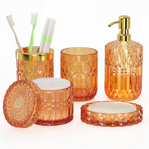 Orange Glass Bathroom Accessories Set 5 Pcs Orange Bathroom Set Soap Dispenser and Toothbrush Holder Set Qtip Holder Set Vintage Bathroom Sink Set Cute Bathroom Decor
