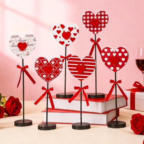Image of Briwooody 6 Pcs Valentine's Day Decorations Heart Wooden Table Sign Set Red Love Table Centerpiece Valentines Tabletop Decor Tall Standing Farmhouse Wood Block for Wedding Party Home Decorations