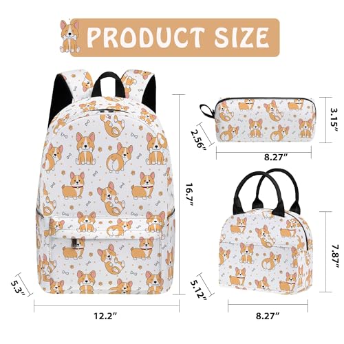 Corgi Cute 3PCS Backpack Set for Teens Elementary Middle High School, 17 Inch Lightweight Classic Bookpack 3 in 1 Set for Girls Boys, Kids Back to School Backpack with Lunch Box Pencil Case2