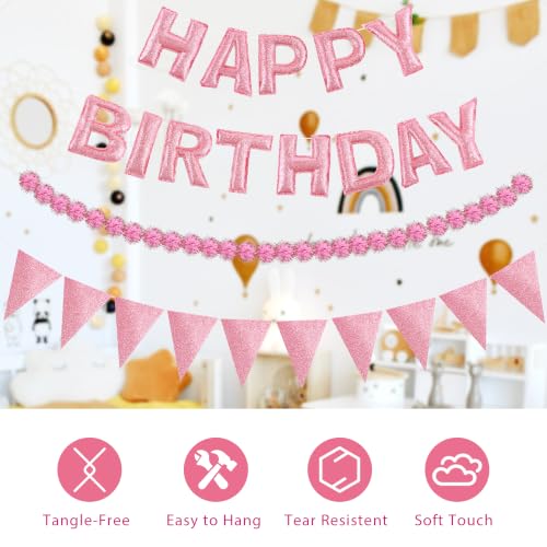Image of CANREVEL 3 PCS Pre-Strung 3D Happy Birthday Banner Decorations, Pink