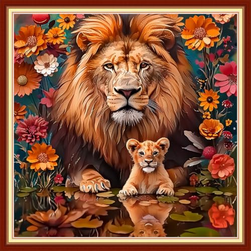 Image of Funchey Stamped Cross Stitch Kits, DIY Cross Stitch Pattern for Adults Beginners Needlepoint Kits Embroidery Kit Arts and Crafts 11CT&Lion Flower 18x18 inch