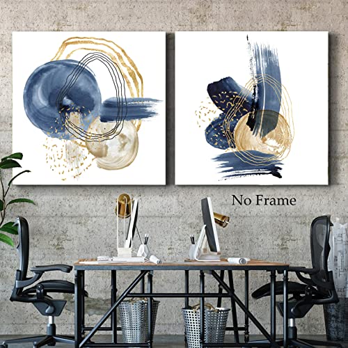 Blue Geometric Picture Blue Gold Painting Abstract Geometric Print Indigo Canvas Wall Art Blue Minimalist Poster Navy Blue Modern Art Gold Geometric Wall Art Blue Watercolor Artwork 16X16Inx2 No Frame #TOP2