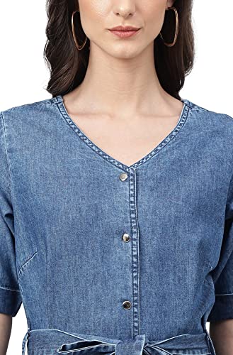 Image of Janasya Women's Denim Solid Straight Western Dress