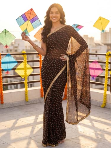 Image of SAREE MALL Women's Brown Chiffon PolkaDot Printed Saree With Unstitched Blouse Piece (2QEN1610 AI2)