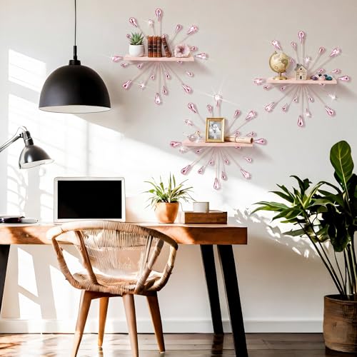 Image of Yaocom 3 Pcs Bling Crystal Floating Shelves Metal Starbursts Wall Decor Folding Shelf Pink Corner Shelves Hanging Wall Mounted for Storage Bedroom Bathroom Living Room Kitchen Office Home Decoration