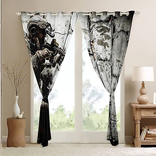 Soldier With Weapon Curtain Panels, Boys Teens Under Mission Window Drapes, Army Rifle Machine Gun Window Treatments, Military Themed Window Curtains 84W"X63L" Camouflage Bedroom Decor For Youth Man #TOP4