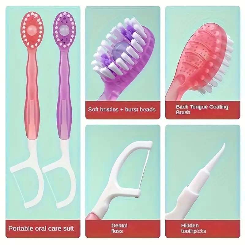 Image of 16 Pieces Disposable 5-in-1 Mini Travel on the Go Toothbrushes with Toothpaste Tongue Scrapers Floss Pick for Hotel or Travel (Pack of 16)