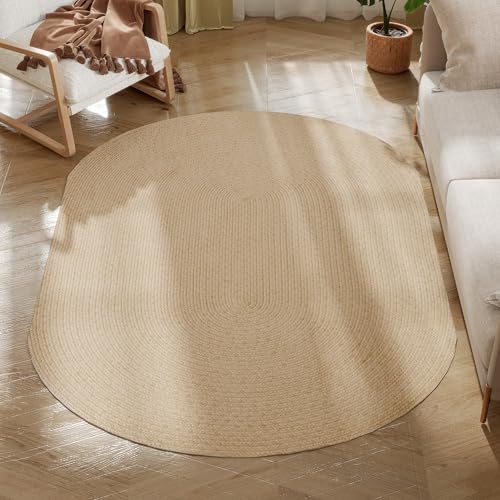 HOMCOM Alfombra Salón Ovalado 170x120 cm Alfombra Lavable en Lavadora Tejido a Mano Estilo Rústico Tapete para Sala de Estar Dormitorio Comedor Exterior Beige