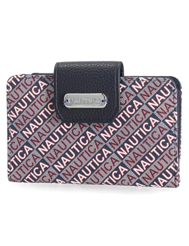 Image of Nautica Womens, Close Reach Vegan Leather RFID Wallet, Small Credit Card Holder Purse with Zipper Coin Pocket and ID Window in Indigo Jacquard